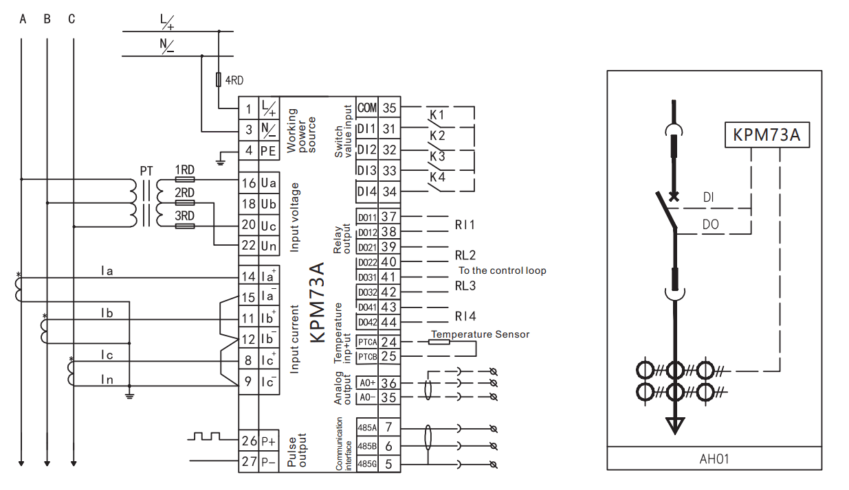 High-voltage three-phase three-wire typical wiring of multi function panel meter