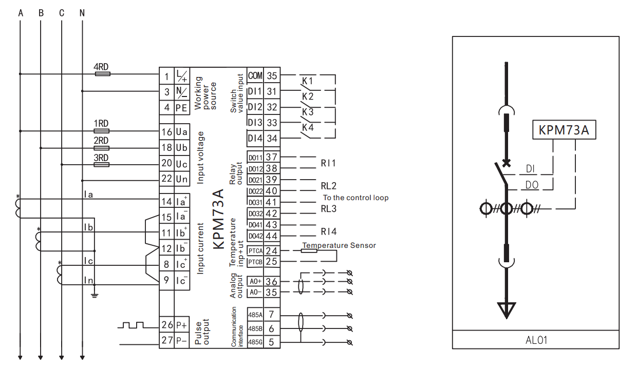 Low-voltage three-phase four-wire typical wiring of multi function panel meter